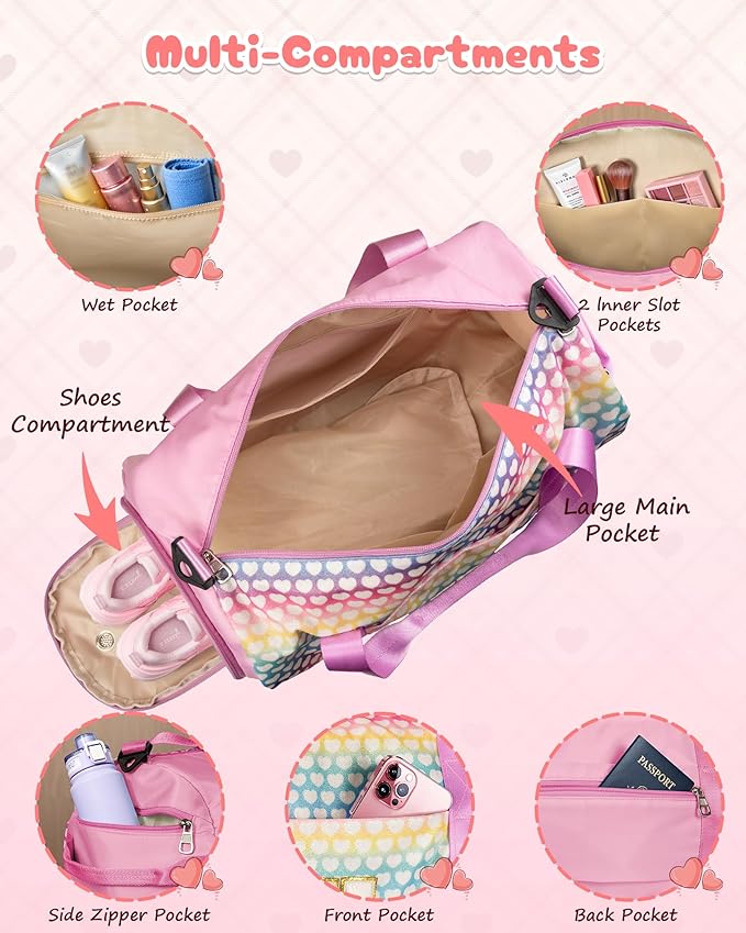 Party Favors for Teenager, Girls Travel Duffel Bag, Kids Initial Overnight Bags with Shoe Compartment, Personalized Weekender Bag with Makeup Pouch, Birthday Gift for Teen (Letter W)