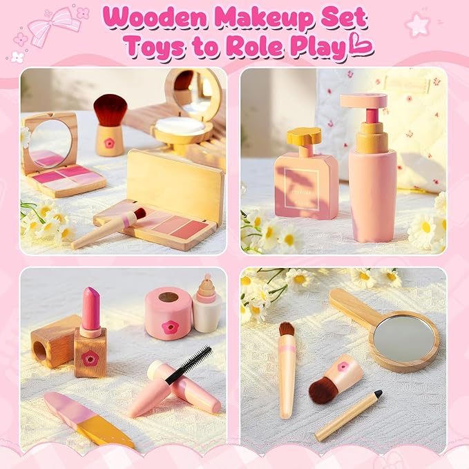 Wooden Makeup Toy Set for Toddler [2026] Play Makeup Kit for Girls 3-5 with Pretend Wood Lipstick/ Mirror/ Brushes/ Cosmetic Set Beauty Girl Birthday Gift Age 3 4 5 6