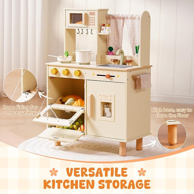 ROBOTIME Wooden Play Kitchen Set for Kids, Pretend Toddler Kitchen with Microwave, Sink, Stove & Ice Maker, Kids Kitchen Playset Gift for Boys and Girls Ages 3+ (Beige)