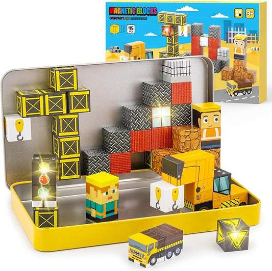 Aywewii Travel Magnetic Blocks 45 PCS Travel Games for Kids Ages 3-5, Magnet Building Cubes STEM Learning Set with Iron Case - Portable Building Toys for Boys and Girls (Construction Edition 1)