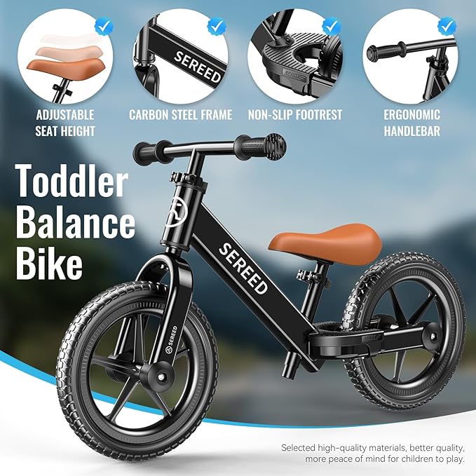SEREED Toddler Balance Bike 2 Year Old, No Pedal Kids Bicycle Toys for 2-5 Years Old, Tool-Free Adjustment, Customize Plate with Stickers, Gift for 2-3 Boys Girls (Black)
