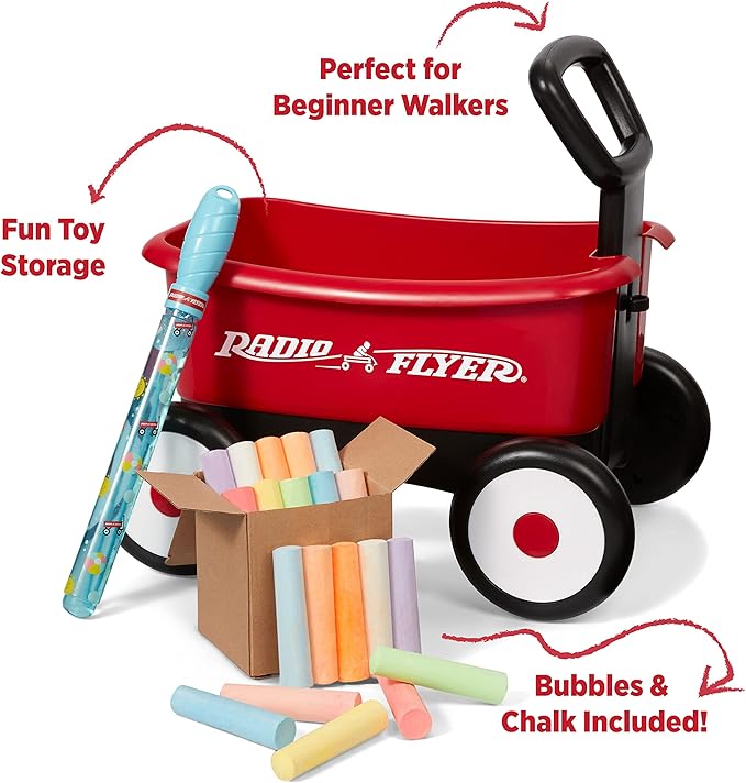 Baby Walker Wagon, Baby Toy Cart, Toddler Toys 1-2, Radio Flyer Summertime Fun My 1st Wagon for Kids, with Bubbles and Chalk, for Ages 1-4 Years, Red