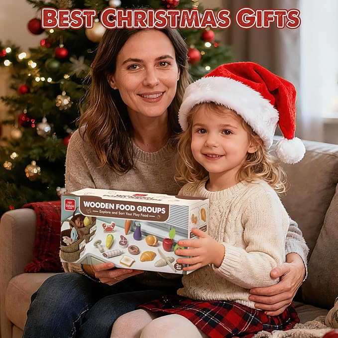 Lehoo Castle Wooden Play Food Set, Toy Food for Toddlers, Pretend Play Kitchen Accessories, Cutting Fruits and Vegetables Montessori Sorting Toys for Kids 3-5 Girls Boys