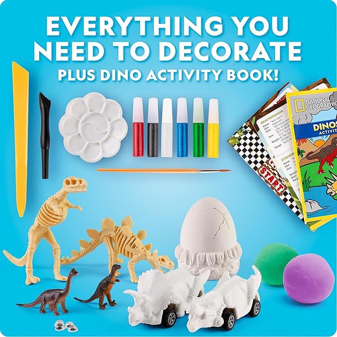 National Geographic Giant Dinosaur Egg Activity Kit – 15+ Dino Crafts, Painting Cars, Clay Models, Dig Brick, Stickers & Learning Guide, Dinosaur Science Toy for Boys & Girls