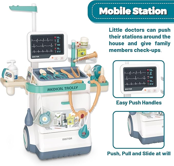 Deluxe Doctor Kit for Toddlers, Pretend Medical Station Set for Boys & Girls, 28 Accessories,Mobile Cart with Lights, Includes Doctor's Uniform、Thermometer, Doctor Kit for Kids 3-5 Years Old