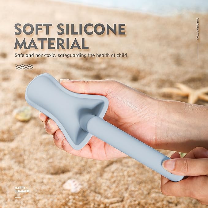 MarcZero 11Pcs Silicone Beach Toys,Modern Baby Beach Toys,Travel Friendly Beach Set,Silicone Bucket, Shovel, 8 Sand Molds, Beach Bag,Silicone Sand Toys for Toddlers, Kids (Blue)