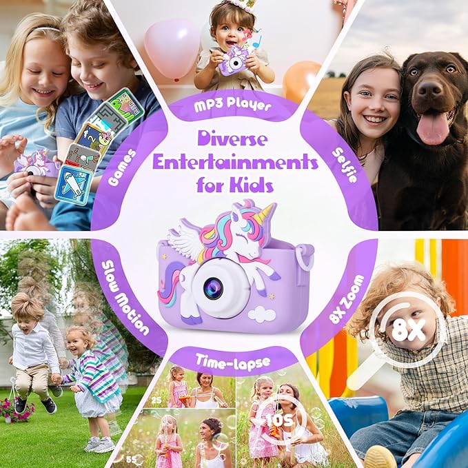 Kids Camera Unicorn Toys for Girls, Digital Camera for Kids Age 3-8 Toddler Travel Toys, Birthday Gift for Girls 3 4 5 6 7 8 Year Old Christmas, HD 1080P Video Camera, 32G SD Card Included (Purple)