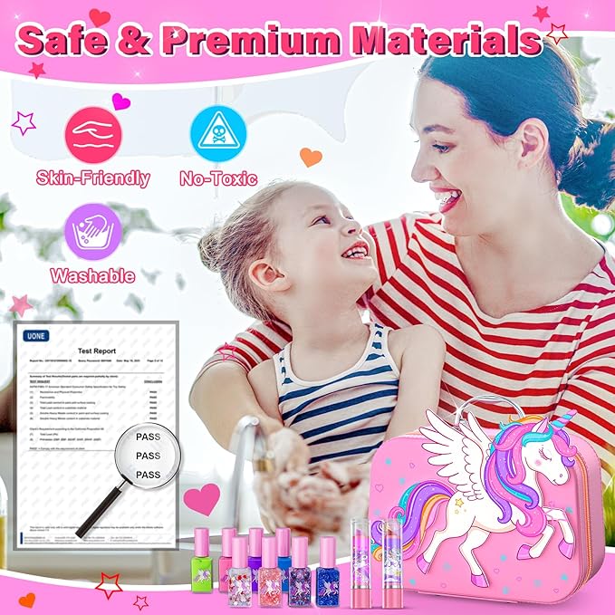 Kids Nail Polish Set for Girls Toys, Washable Quick-Dry Toddler Nail Art Kit with Air Cooling Dryer and Cosmetic Case, Christmas or Birthday Gifts for Girls Ages 3 4 5 6 7 9 10 11 12-Pink