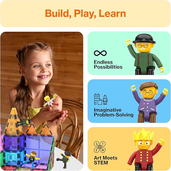 PicassoTiles Magnetic Tiles Compatible 8pc Character Action Figures Arms Legs Move in Different Directions Magnet Tile Toddler Picasso Add On Set Educational Toddlers Toy Pretend Play Ages 3+ PTA03