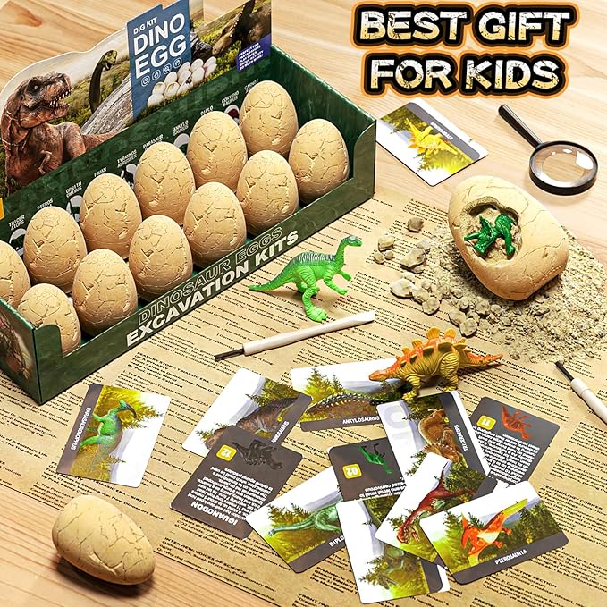 12 Dinosaur Eggs Dig Kit Toys for Kids, Surprise Dinosaur Eggs Excavation Kit with Magnifier, Science STEM Birthday Party Favors Easter Gifts for Boys Girls Age 3 4 5 6 7 8 9 10 + Years Old