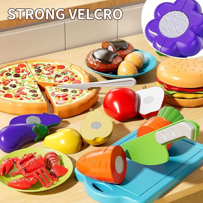 Play Food Set for Kids, Toddler Learning Toys, Cutting Food Toy Color Sorting Set, Pretend Food Play Kitchen Accessories for Kids, Birthday Gifts for 3-8 Years old Boys Girls Educational Toys