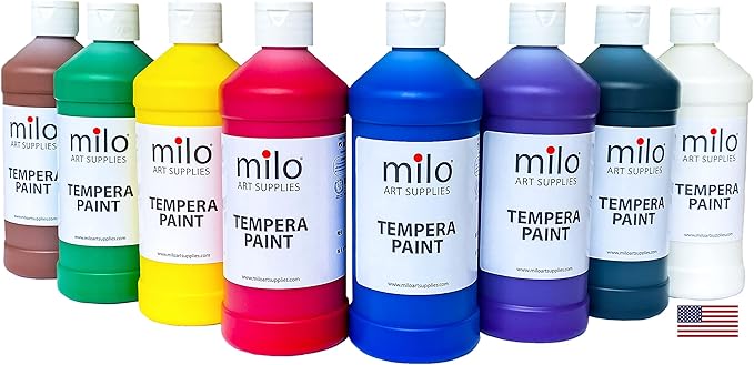 milo Washable Paint for Kids | 8 Colors 16 oz Bottles | Made in the USA | Safe and Non-Toxic Tempera Paint for Art & Craft, Poster, Windows for Toddlers, Children, Classroom, School, Project