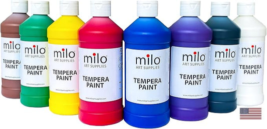 milo Washable Paint for Kids | 8 Colors 16 oz Bottles | Made in the USA | Safe and Non-Toxic Tempera Paint for Art & Craft, Poster, Windows for Toddlers, Children, Classroom, School, Project