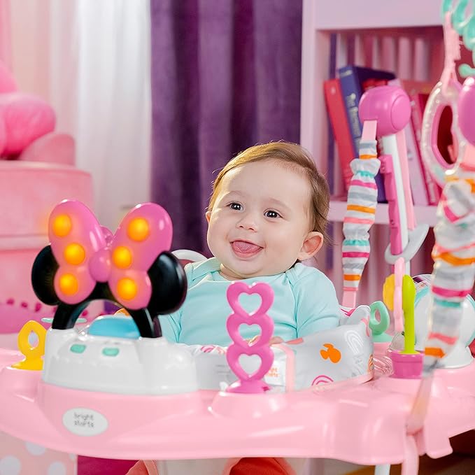 Bright Starts Disney Baby Minnie Mouse Forever Besties Baby Activity Center Jumper with 10 Toys, Lights & Sounds, 360-Degree Seat, 6-12 Months (Pink)