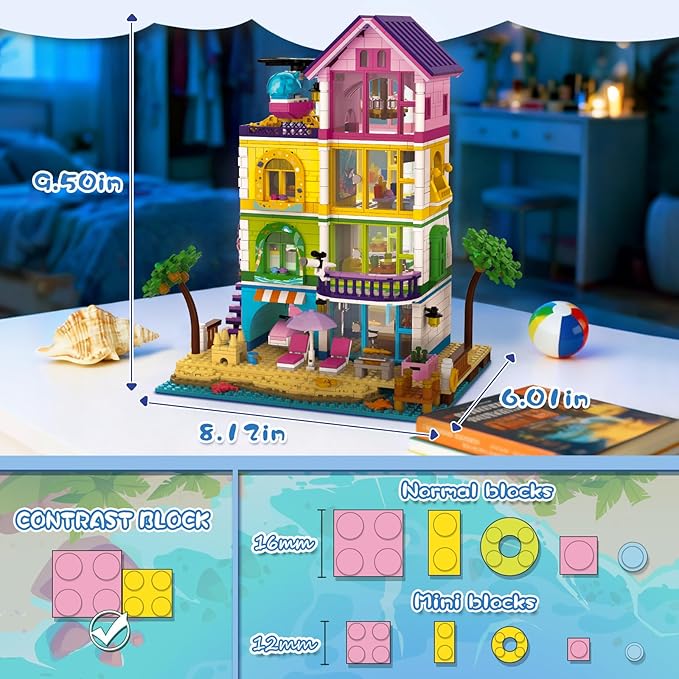 Beach House Building Set with Light, NO Compatible with Lego Friend House for Girls Age 8-12, 1346PCS Mini Bricks Seaside Villa, Creative Holiday Cottage Building Kits, for Girl 8-14