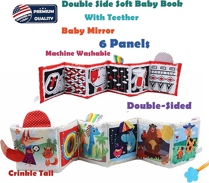 bebe mondo High Contrast Tummy Time Toys, Black and White Crinkle Books for Babies, Baby Books 0-6 Months, Infant Mirror Toy with Teether, Double-Sided Baby Toys for Boys and Girls