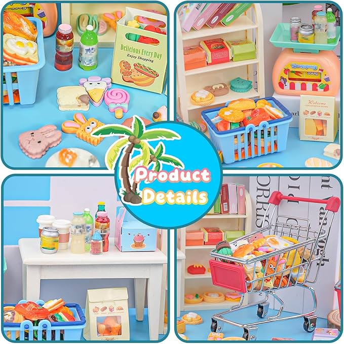 196Pcs Mini Shopping Cart Basket Trolley Grocery Game Model Miniature Drink Bottle Food Pizza with Box Supermarket Metal Handcart Toy Doll House Store Cosplay Pretend Kitchen Shelf Cash Register