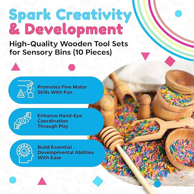 Wooden Tool Set for Sensory Bin (10 Piece), Child-Sized Montessori Sensory Toys for Developing Fine Motor Skills, Smooth Wooden Toys, Bin Scoops and Tools