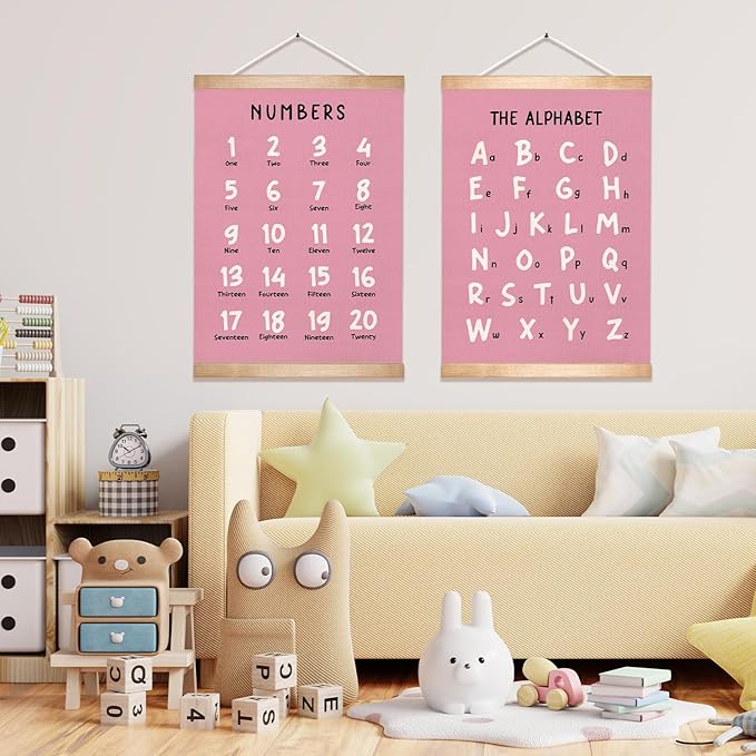 HEYJEEPER Kids Alphabet and Numbers Learning Posters Set of 2,18.5x14 Inch Linen&Canvas Educational Wall Art with Wood Hanger, ABC 1-20 Chart for Toddlers Classroom Nursery Playroom Decor(Pink)