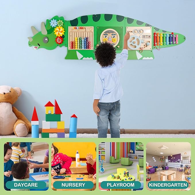 Montessori Busy Board Dinosaur Educational Toy, 4 Interchangeable Wooden Sensory Activity Board Wall Panel for Kids, Sensory Learning Toy for Boys and Girls Playroom, Toddler Room Decor