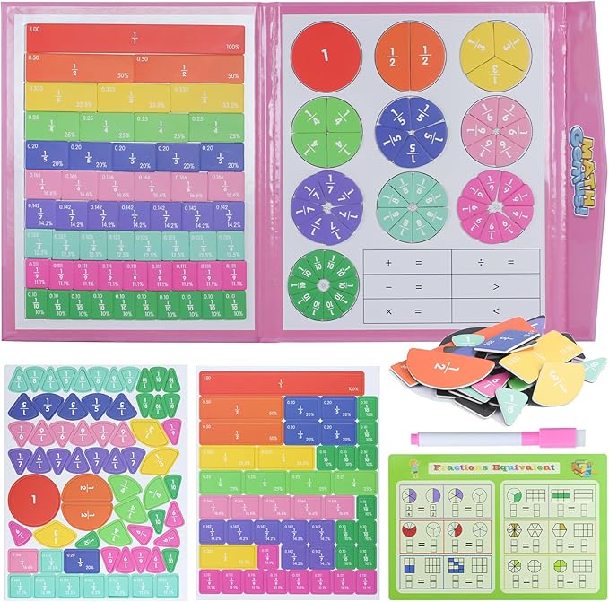 Magnetic Fraction Educational Puzzle with Fraction Tiles & Circles, Math Manipulatives Montessori Learning Toys to Help Kids Learn Fractions and Build Early Math Skills (Pink)