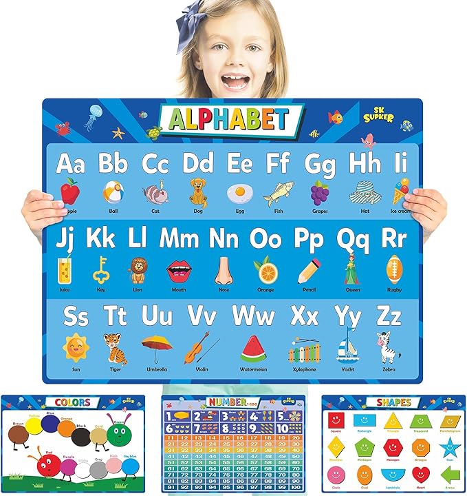 SK SUPKER 4Pack ABC Alphabet Chart + Numbers 1-100 + Shapes + Colors Poster Set, Toddler Educational Learning Posters Kindergarten Classroom Wall Decor Art (17 x 11inch)
