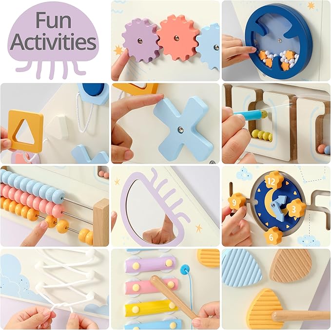 Tangram Activity Wall Busy Board Panels, 12-in-1 Learning Activity Center, Wooden Montessori Sensory Toys for Toddler Playroom, Nursery, Daycare, Classroom, Dentist Waiting Room