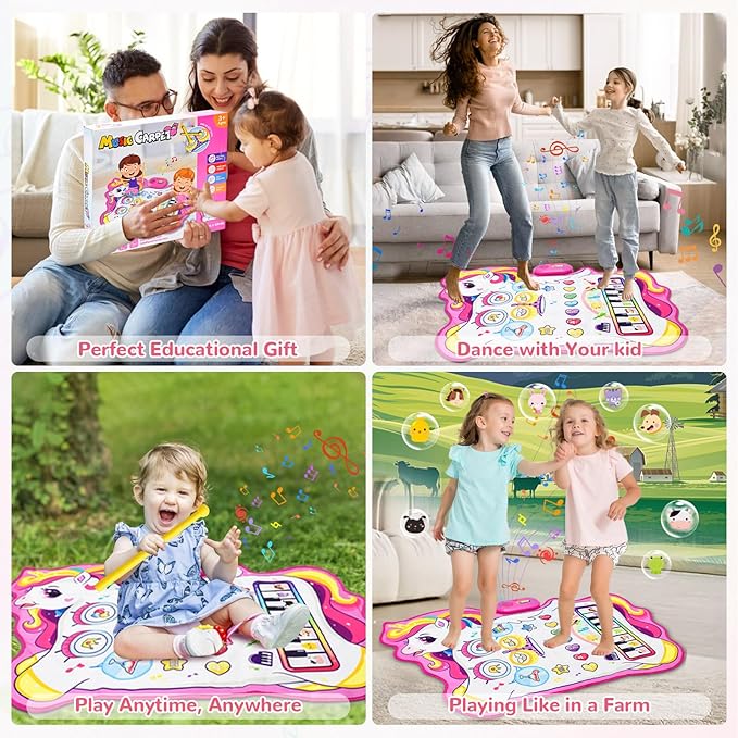 Cyiecw 3-in-1 Unicorn Musical Mat, Piano Drum Play Mat Unicorn Gifts for 1 2 3 Year Old Girls, Sensory Early Educational Musical Learning Toys for Baby Boys, Birthday Gift for Toddlers 1-5 Years Old