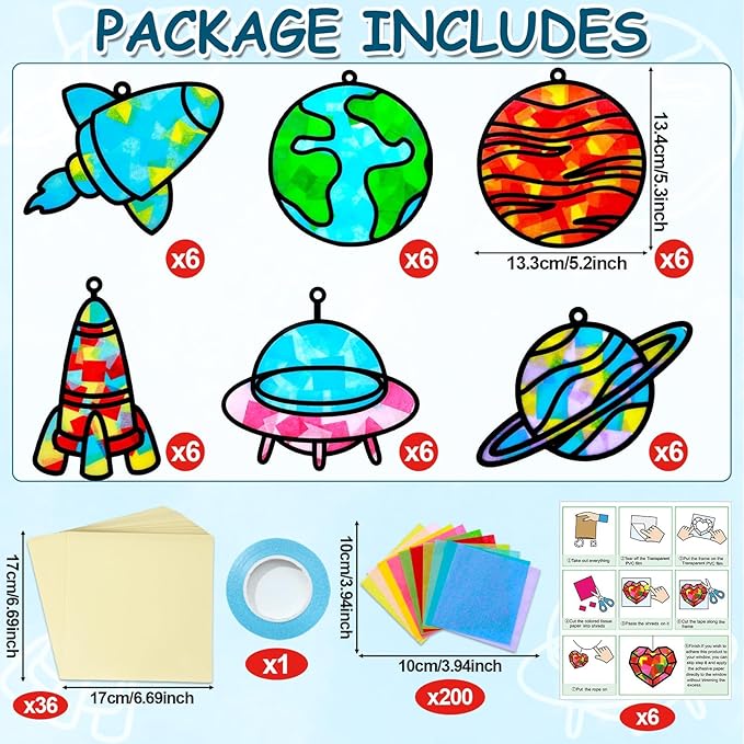 Qyeahkj 36 Set Outer Space Suncatchers Crafts for Kids DIY Solar System Window Tissue Paper Craft Kit Space Hanging Decor for Planet School Home Activity Art Project Birthday Party Favor Gift