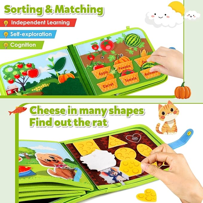 GOLIYEAN Montessori Busy Book for Toddlers 1-3, Busy Board Montessori Toys for 1-2 Year Old Boy Girl Birthday Gift, Educational Learning Sensory Activity Books, Quiet Book Travel Toys for Airplane Car