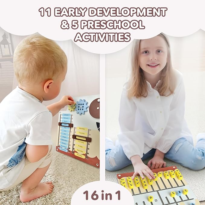 Cateam Sensory Wall Panel for Kids - Activity Wall Busy Board for Toddlers and preschoolers. 16in1 Learning Activity Center. Wooden Montessori Toys for Education and Early Development - Ship