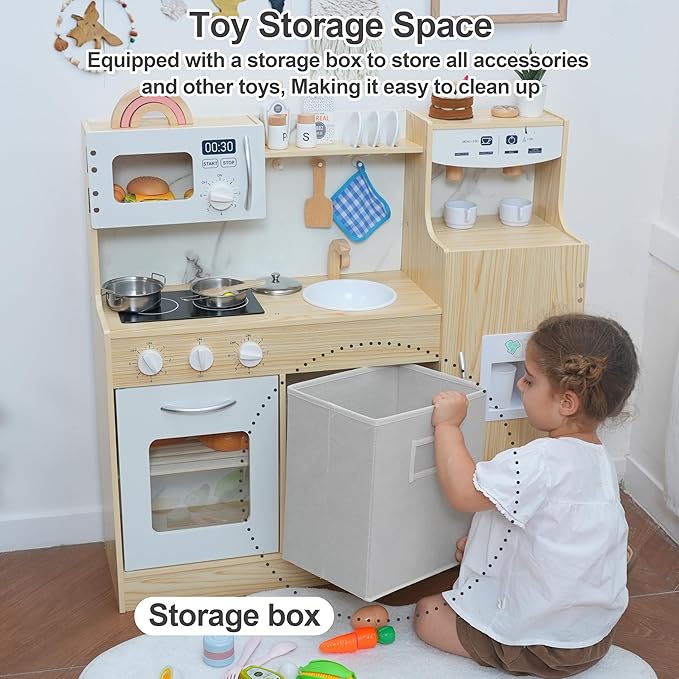 Wooden Play Kitchen for Kids, Kitchen Playset for Toddlers with Ice Maker,Storage Box, Sink, Oven, Microwave & Fridge and 17 Accessories, Educational Gifts for Boys and Girls Ages 3+