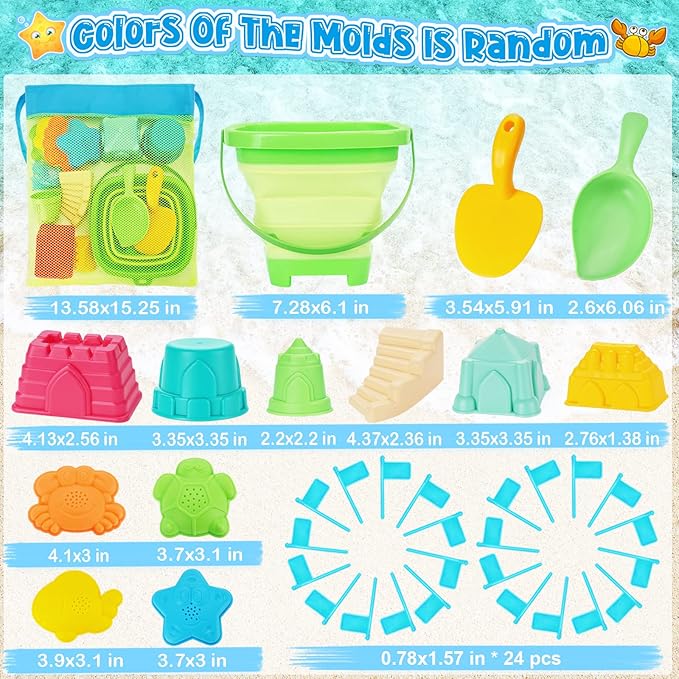 Collapsible Beach Toys for Kids, Foldable Sand Bucket and Shovels Set with Mesh Bag, Sand Castle Building Kit, Sandbox Toys, Travel Sand Toys Beach Essentials for Toddlers Age 3-10
