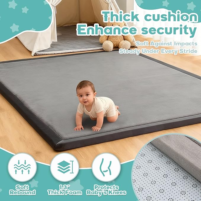 Baby Play Mat for Floor, 71'' x 59'' Thicken Foam Soft Padded Playmat for Tummy Time, Playpen Mat for Toddlers, Water-Repellent Coral Velvet, Non-slip Bottom Safe for Crawling (Light Grey)