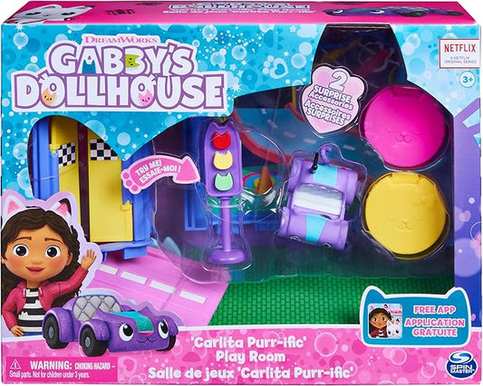 Gabby's Dollhouse, Carlita Purr-ific Play Room with Carlita Toy Car, Accessories, Furniture and Dollhouse Deliveries, Kids Toys for Ages 3 and up