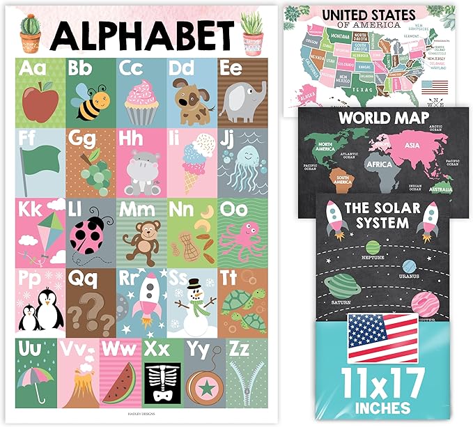 Hadley Designs 4 Alphabet, Map of United States, World Map, & Solar System Posters - Laminated ABC Charts for Toddlers Wall Decor, Cactus Posters for Kindergarten, Prek Classroom or Homeschool 11x17