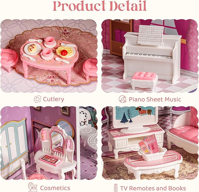 ROBOTIME 26PCS Dollhouse Furniture Set for Kids – Realistic Dollhouse Accessories with 5 Rooms: Living Room, Bedroom, Bathroom, Dining Room & Balcony, for Girls & Boys Ages 3+