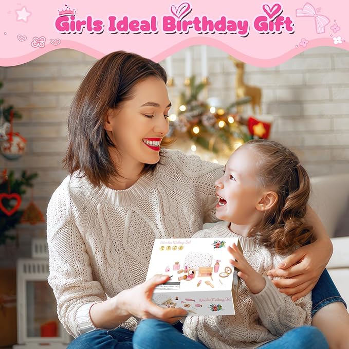 Wooden Makeup Toy Set for Toddler [2026] Play Makeup Kit for Girls 3-5 with Pretend Wood Lipstick/ Mirror/ Brushes/ Cosmetic Set Beauty Girl Birthday Gift Age 3 4 5 6