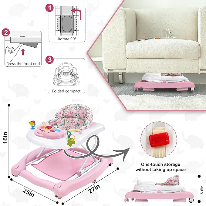 Foldable Baby 5-in-1 Activity Walker - Rocker, Activity Center, Bouncer, Seat Walker, Push Walker - Adjustable Speed Rear Wheels and Height Toys Ages 6-18 Months(Pink)