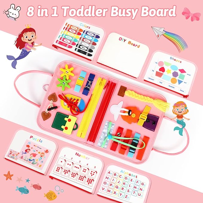 8 in 1 Toddler Busy Board for 1 Years Old, Montessori Toy Busy Book for Toddlers 1-3 Educational Toy Activity for Basic Motor Skills, Kid Travel Essential 2-4 Yr Christmas Birthday Gift for Girl