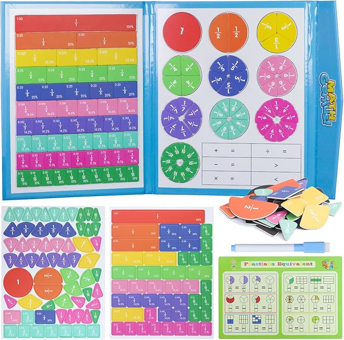 Magnetic Fraction Educational Puzzle with Fraction Tiles & Circles, Math Manipulatives Montessori Learning Toys to Help Kids Learn Fractions and Build Early Math Skills (Blue)