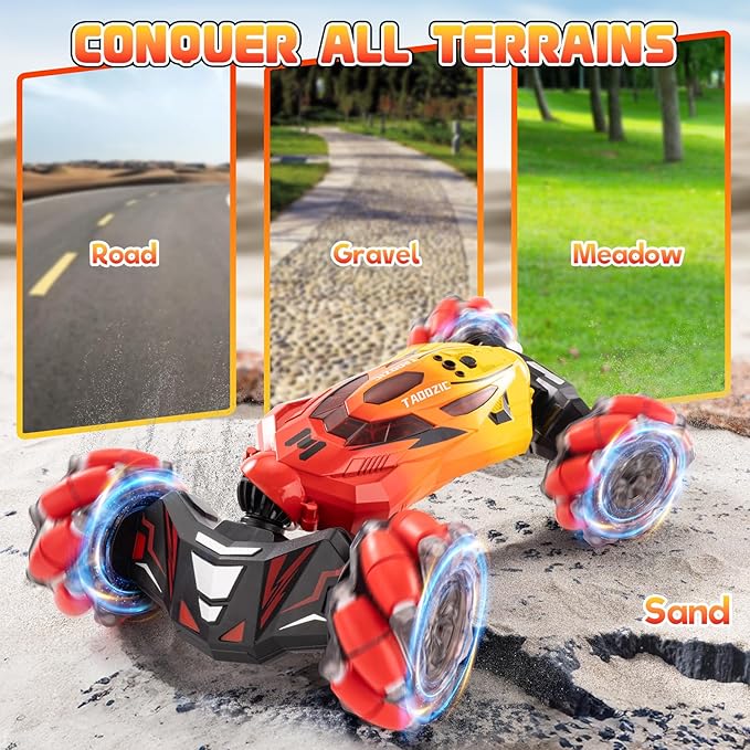 Gesture Sensing RC Stunt Car, 2.4GHz 4WD Stunt Car Toys for Ages 6-12 yr Boys Girls, Hand Controlled Remote Control Twist Cars, Offroad 360° Rotation with Lights and Music for Birthday Gifts