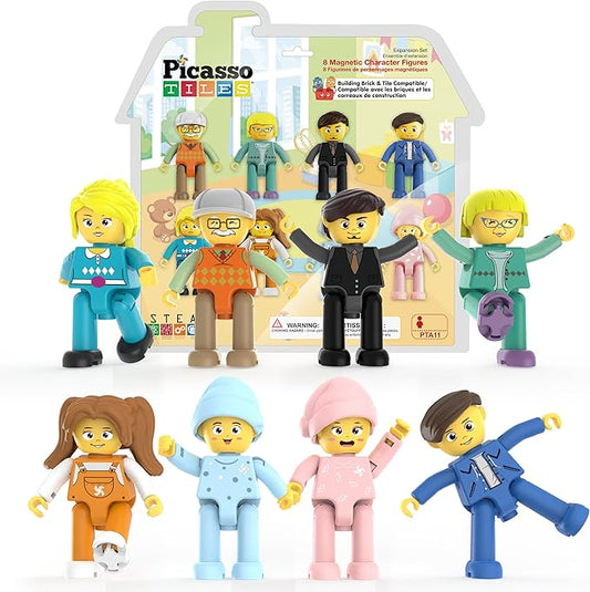 PicassoTiles 8 Piece Magnetic Action Figures Family Character Set Compatible with Magnet Tile Building Blocks STEM Educational Toy for Kids Pretend Play Construction Expansion Pack Creative Play PTA11