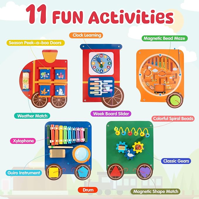 Train Activity Wall Busy Board Panels | 11-in-1 Wooden Sensory Wall Panel for Kids, Toddler Montessori Learning Activity Center, Perfect for Toddler Playroom Nursery Classroom Dentist Waiting Room
