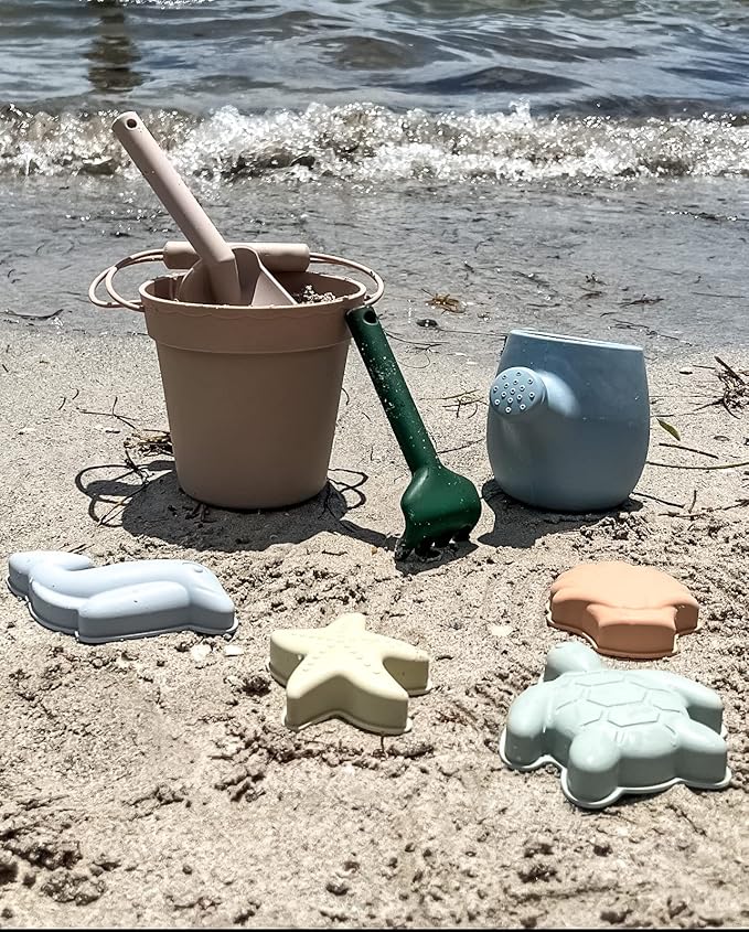 Silicone Beach Toys - Beach Bucket Set with Shovel, 4 Sand Molds - Travel-Friendly Kids Sand Toys in Net Carrying Bag - Safe Baby Sand Toys - Dishwasher-Safe (Blush Pink)