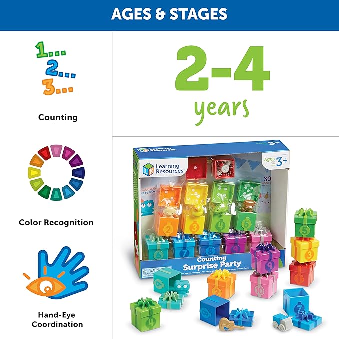 Learning Resources Counting Surprise Party - Toddler Montessori Toys, Stacking Preschool Activities, Matching Color Game, Homeschool, Fine Motor Skills, Gifts For Boys And Girls, Manipulatives