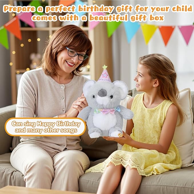 Happy Birthday Interactive Koala, Musical Birthday Stuffed Animal Recording Mimicking Toy, Clapping Activates Singing Dancing Shaking, Cute Koala Plush Gifts for Kids Girls Boys