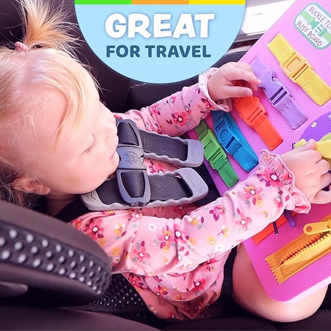 Buckle Toys Busy Board - Montessori Learning Toy for Toddlers - Foam Sensory Board - Develop Fine Motor Skills - Pink