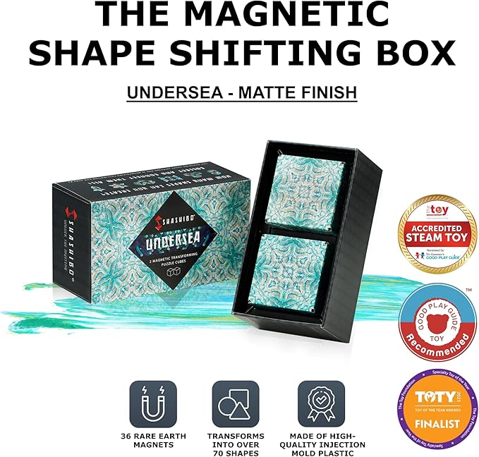 SHASHIBO Shape Shifting Box - Award-Winning, Patented Fidget Cube w/ 36 Rare Earth Magnets - Transforms Into Over 70 Shapes, Gift Box, Download Fun in Motion Toys Mobile App (Undersea, 2 Pack)