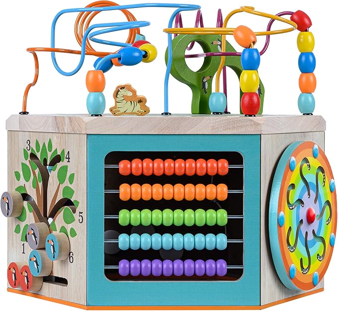 Teamson Kids Preschool Play Lab 7-in-1 Large Wooden Activity Cube Station Center Bead Maze and Counting for Kids Baby Toys, Natural
